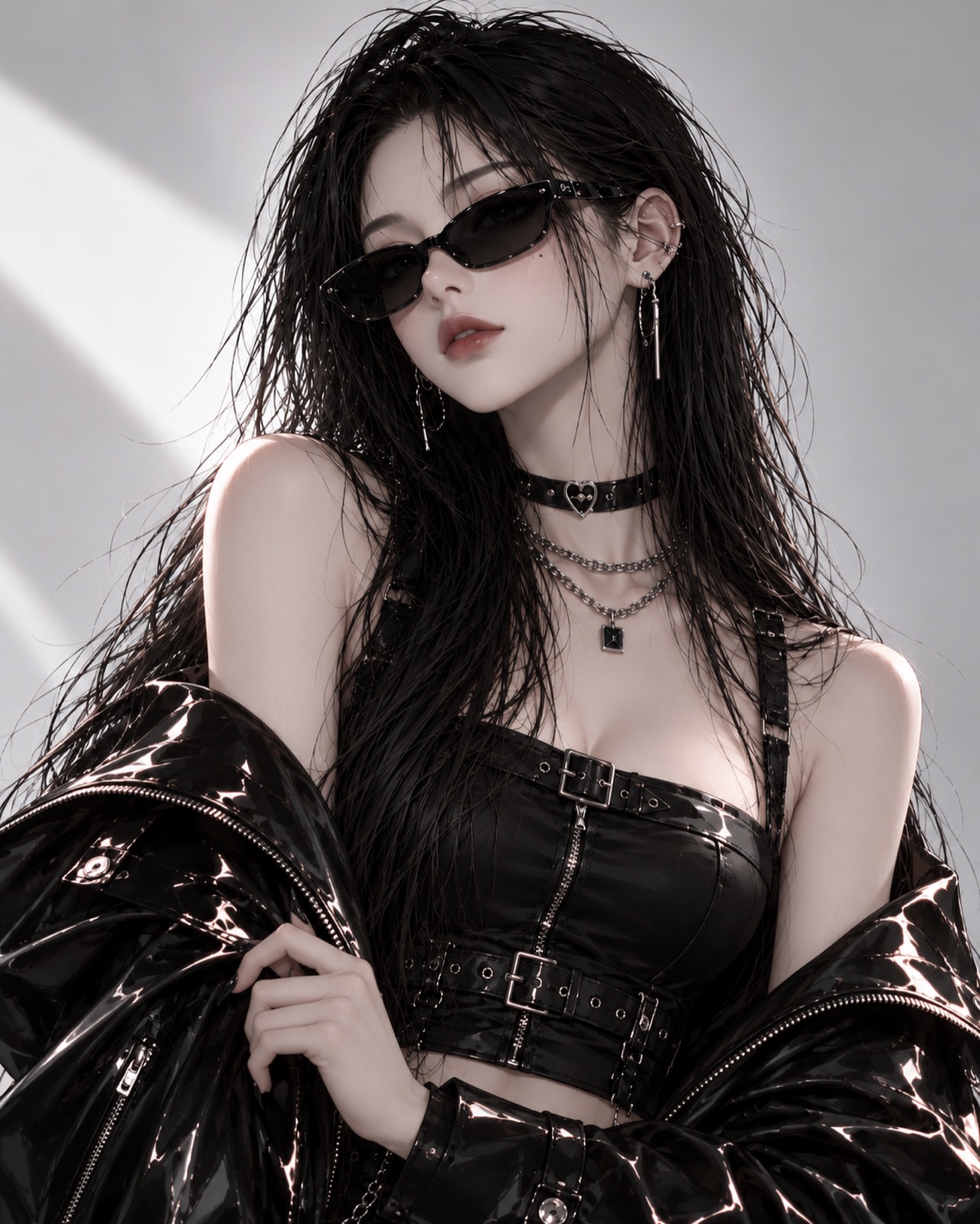 灰白光影中的 KYRA 戴墨镜侧身肖像